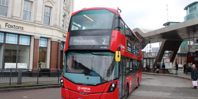 Arriva London double-decker bus on route 2 to Marylebone driving along a central London street. Image © London Bus Forums™