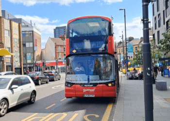 Go Ahead London Wrightbus Electroliner DEL19 LV25 CVY operating Route 230 to Wood Green at Walthamstow Central Market.