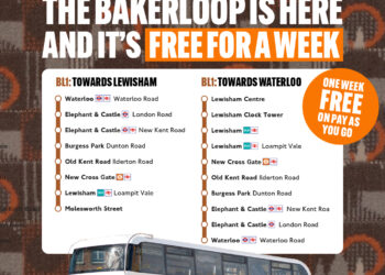 Promotional image from the Mayor of London announcing the launch of the Bakerloop BL1 express bus service. Includes route map, free travel notice, and a photo of the new brown-liveried electric double-decker bus.