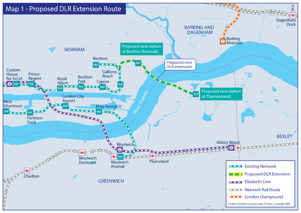 Map showing proposed route of DLR extension Thamesmead between Gallions Reach, Beckton Riverside, and Thamesmead in southeast London.