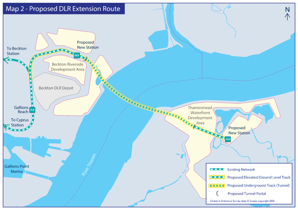 Map detailing new DLR extension Thamesmead stations, tunnel beneath the Thames, and the extension’s path towards Thamesmead.