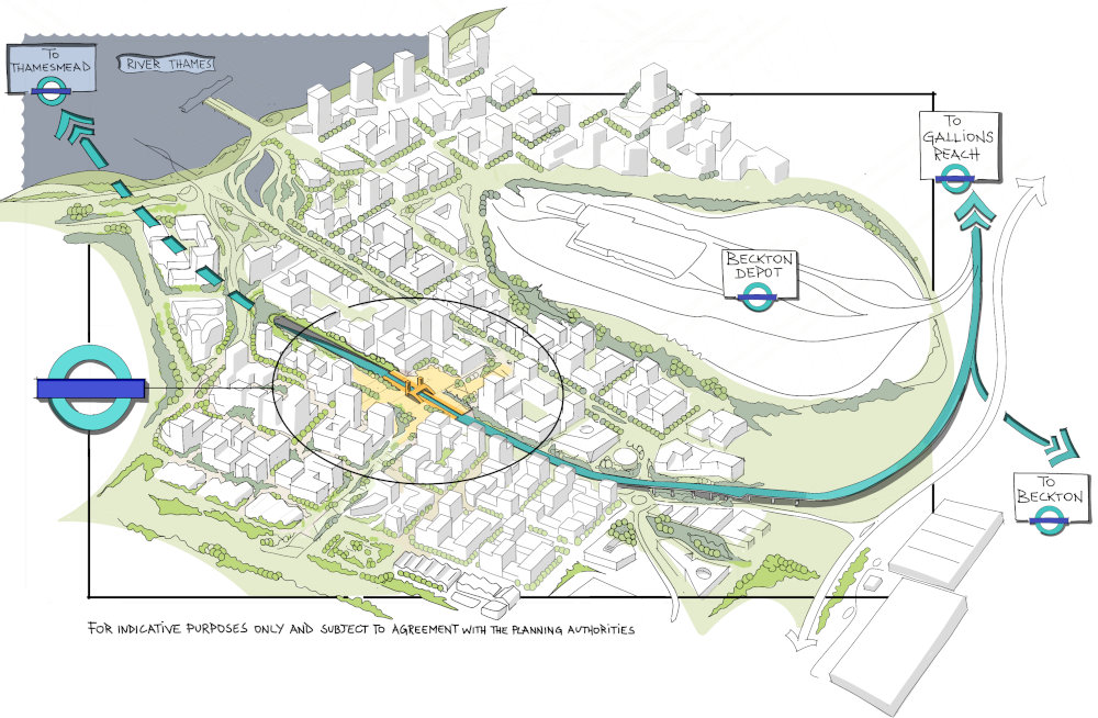llustration of the proposed development area and future DLR station in Beckton Riverside, showing the planned transformation alongside the DLR extension Thamesmead route.