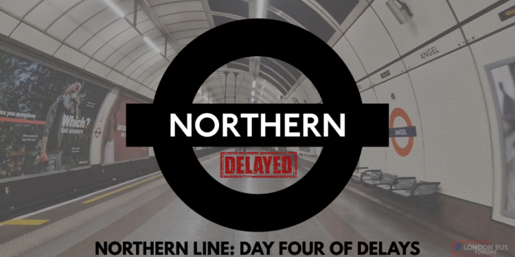 View of Angel Underground station platform with Northern line roundel and 'Delayed' warning overlaid in red text