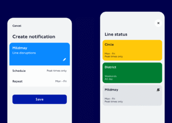 Two screenshots of the TfL Go app on a dark navy blue background, one showing the create a notification screen with scheduling options, the other displaying the line status page