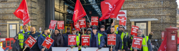Drivers on the official picket line outside Bow Bus Garage during strike action in East London.