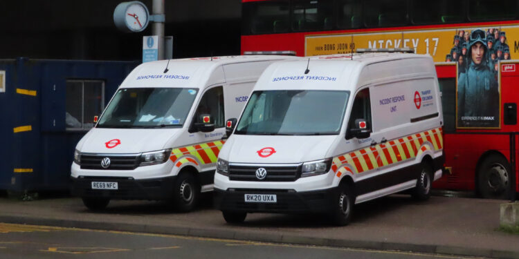 Transport for London vans parked outside a TfL facility during coverage of the TfL bus controllers strike over rota changes.