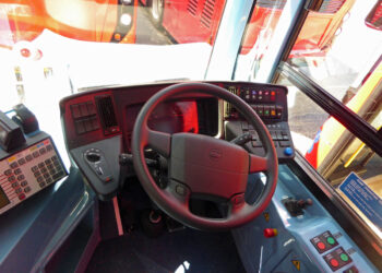 Interior of a London bus driver’s cab