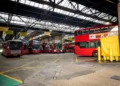 Arriva buses inside Wood Green bus garage in north London