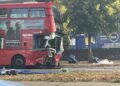 Damaged N98 double-decker bus following a crash on Honeypot Lane