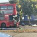 Damaged N98 double-decker bus following a crash on Honeypot Lane
