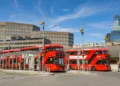 Red London buses at London Bridge bus station