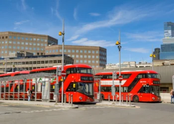 Red London buses at London Bridge bus station