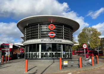 Walthamstow bus station entrance with London buses outside