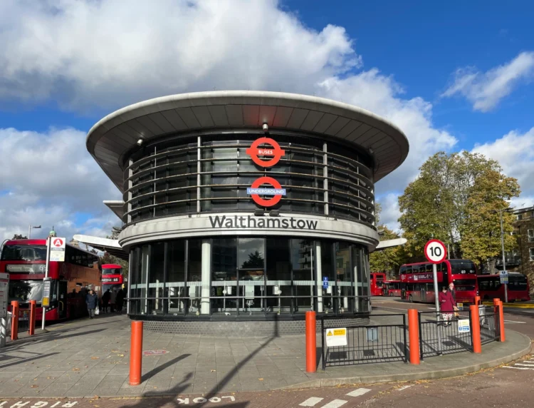 Walthamstow bus station entrance with London buses outside
