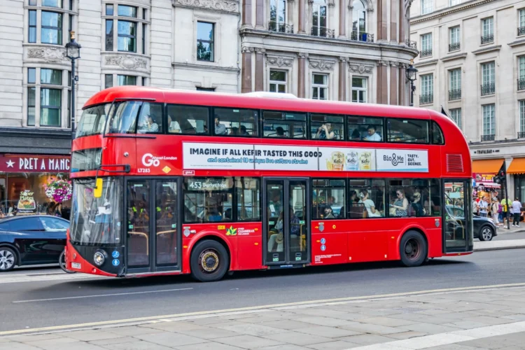 Red New Routemaster, commonly known as a Boris bus, operating on route 453 in central London.