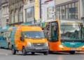 A Cardiff Bus double-decker outside the New Theatre in Cardiff city centre.