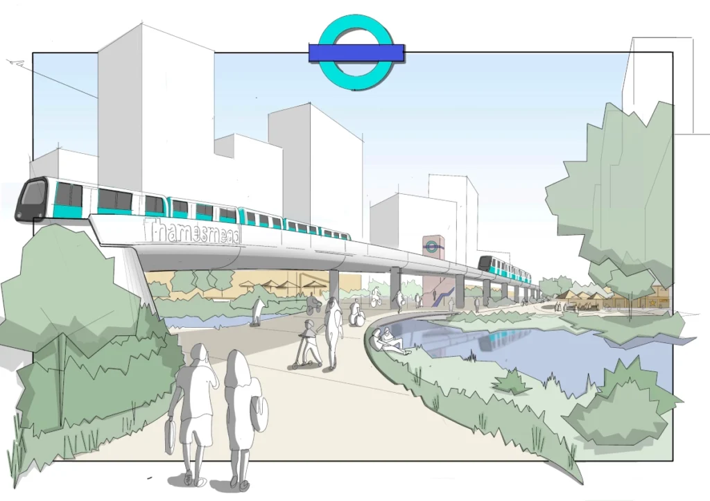 Artist's impression of the proposed DLR extension at Thamesmead, showing elevated railway infrastructure and pedestrian areas

DLR extension to Thamesmead