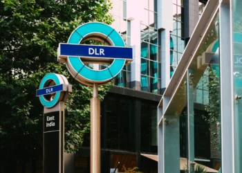 DLR signs outside East India station in east London