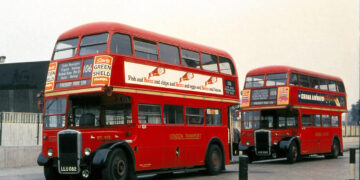 Two heritage London buses operating on route 106