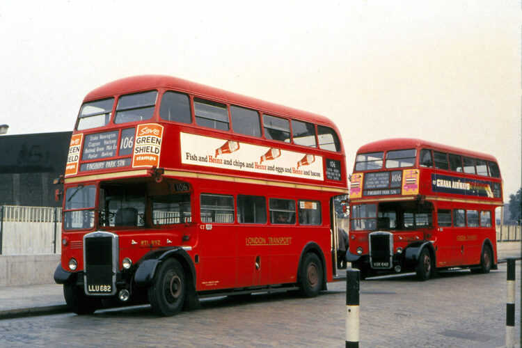 Two heritage London buses operating on route 106