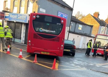 Route W19 bus at the scene of a collision on Markhouse Road in Walthamstow.